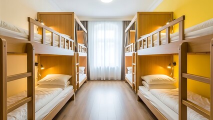 Modern hostel dormitory with bunk beds and window