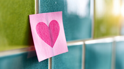 Pink Sticky Note with Heart Icon on Colorful Kitchen Tile Wall, Minimal Love Message Concept