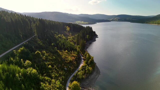 Aerial drone footage of reverse flight over the Schluchsee in the Black Forest in Southern Germany