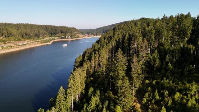 Aerial drone footage of flight over trees at the shore of the Schluchsee in the Black Forest in Southern Germany
