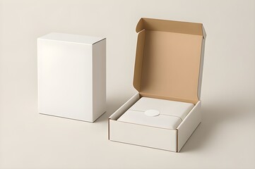 Clean white cardboard box mockup with open lid showing inner kraft tray and product placeholder. Perfect minimalist e-commerce packaging template.