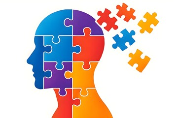 Brain shaped as puzzle with bright multicolored pieces. Colorful human head silhouette made of puzzle pieces in vibrant rainbow gradient. Perfect concept for brain training, psychology, creativity