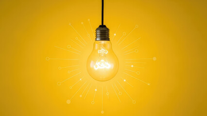Illuminated Light Bulb Hanging Against a Vibrant Yellow Background.