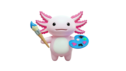 Cute Pink Axolotl Holding Paintbrush and Palette
