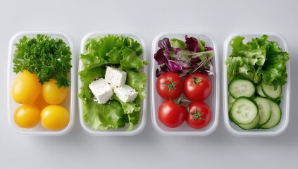 Healthy meal prepping for freshness and convenience, portioned raw vegetables and organic ingredients in transparent containers, perfect for a balanced diet and quick lunches
