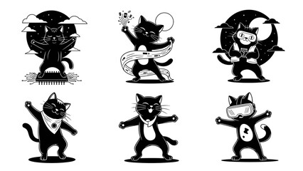 Cute cartoon black cat characters in futuristic and tech themes featuring virtual reality goggles and circuit boards isolated on white background