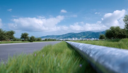 Infrastructure industry pipeline transporting oil and gas across green landscape towards processing plant with mountains under blue sky, energy production and delivery concept