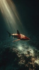 Shark swimming gracefully over a vibrant coral reef, bathed in shafts of sunlight piercing the deep blue ocean, representing wild marine life and a delicate ecosystem