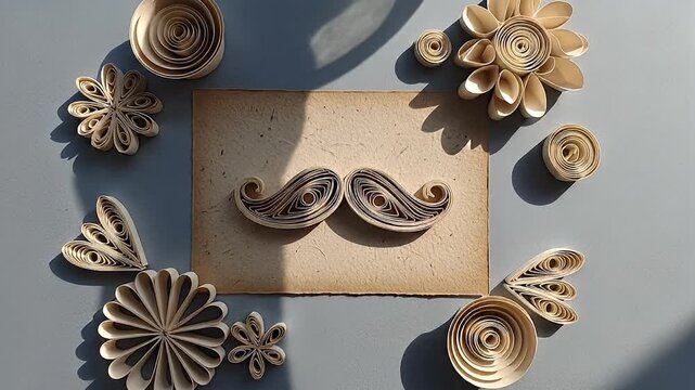 Quilled Mustache and Flowers on Vintage Paper.