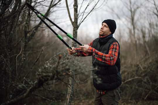 Man using pruning shears to trim branches in a wooded area