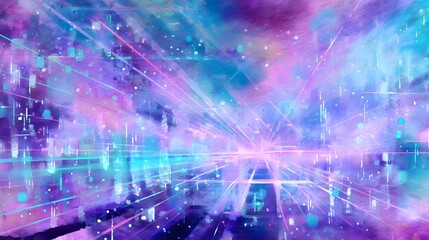 Futuristic digital landscape watercolor design evokes vibrant energy and modern innovation in neon hues