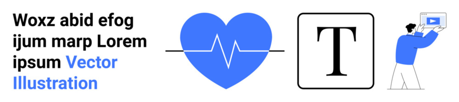 Blue heart with a pulse line, single T for typography example, man holding a screen. Ideal for health, typography, education, technology, presentations, creativity simple landing page