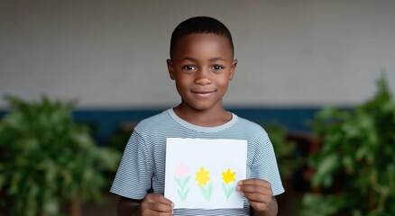 Little boy proudly displaying a colorful drawing of spring flowers, expressing childhood creativity, happiness, and artistic accomplishment with a genuine smile