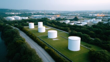 Aerial view of oil storage tanks in an industrial port area, showing infrastructure for global energy supply, fuel logistics, and petroleum industry operations