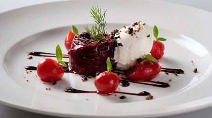 Beetroot puree quenelle with precision plating, luxury restaurant aesthetic, minimal garnish