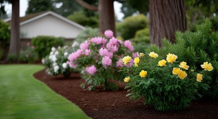 Well manicured residential garden with smooth green lawn, curved dark mulch beds and vibrant yellow and pink flowering shrubs beneath tall trees, serene outdoor oasis