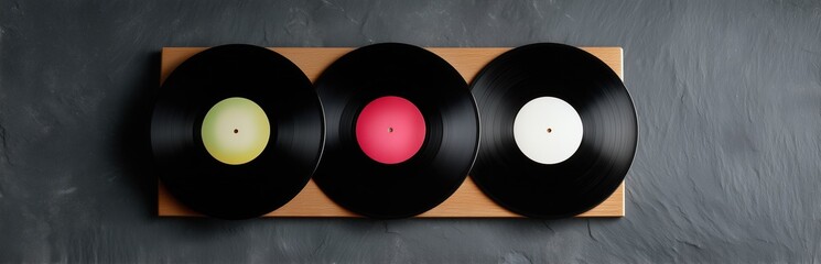 Vinyl records on a wooden display shelf, symbolizing a passion for music, analog sound, and the classic era of audio entertainment and album collections