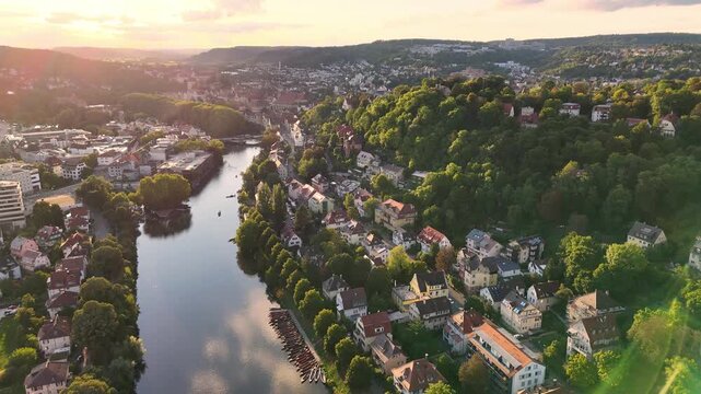 Aerial drone video of flight over T&uuml;bingen in Southern Germany at sunset