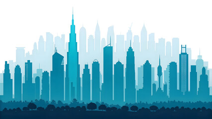 Abstract futuristic green city skyline vector illustration featuring a night cityscape with building silhouettes and skyscraper reflections for a modern urban architecture business design