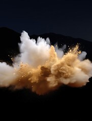 Explosive dust cloud erupting from ground level, creating a dynamic burst of white and golden particles against a dark, mountainous backdrop, symbolizing power and origin