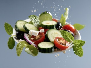 Dynamic floating greek salad with fresh cucumbers, juicy tomatoes, black olives, crumbled feta cheese, and pungent mint leaves, illustrating healthy eating and lightness