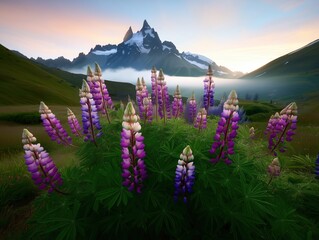 Lush lupine blooms in vivid purple and pink frame a green alpine valley with snow capped peaks and morning mist, evoking a tranquil sunrise wilderness scene