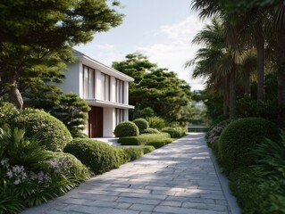 Modern luxury villa with sleek lines, floor to ceiling windows and a lush tropical garden, stone paved path, manicured hedges and palms lead to the elegant entrance, serene setting