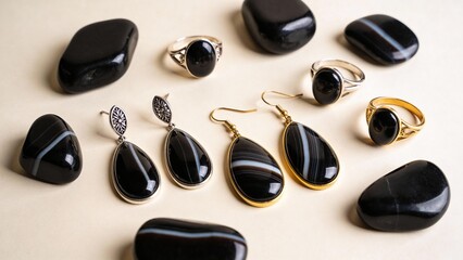 Various black gemstone jewelry arranged with polished stones  