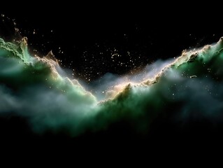 Cosmic dust cloud glowing with vibrant green and golden hues, expanding and erupting across a dark abyss, abstract representation of celestial energy and universal creation