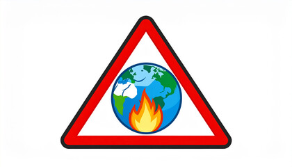 Earth inside a warning triangle with a flame, climate emergency symbol, modern flat illustration style, isolated on white background