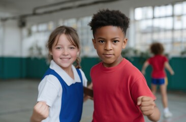 Diverse school children showing confidence and readiness for activity, posing with clenched fists inside a brightly lit gymnasium, embodying youth, energy, and teamwork