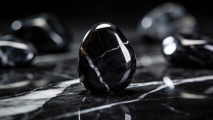 Black polished stone with white veins on dark marble background  
