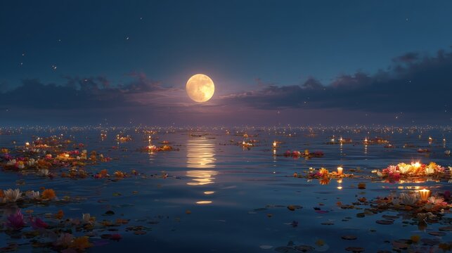 illustration of the ocean during Festival of Yemanj&aacute;, full moon rising above the horizon, ceremonial offerings drifting on the water, symbolic reflections, calm spiritual atmosphere