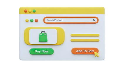 3D E-commerce Interface with Shopping Bag and Buttons