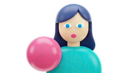 3D cartoon girl with blue eyes holding a pink balloon