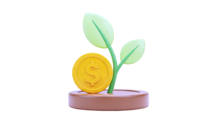 3D Illustration of a Growing Plant with a Dollar Coin
