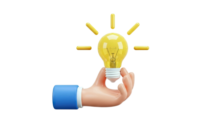 3D Hand Holding a Glowing Light Bulb with Rays of Light
