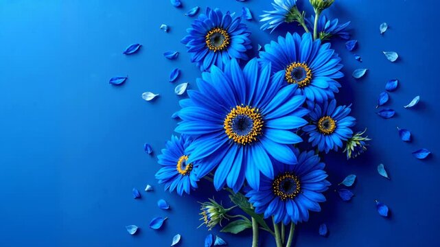 Delicate blue daisy bouquet slowly losing its petals on a matching monochromatic background