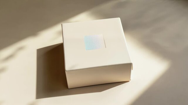 Cream colore product packaging box with a holographic label sits in shifting natural sunlight