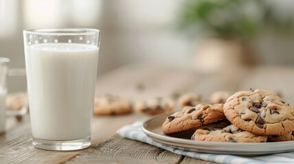 A glass of cold milk with chocolate chip cookies on a rustic wooden table.