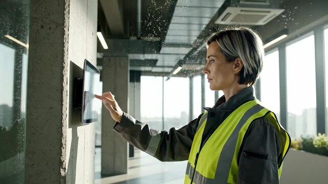 Woman worker touches intercom panel in office building. Worker in safety vest uses intercom system. Woman operates building panel wearing vest. Worker touches intercom in modern corridor.