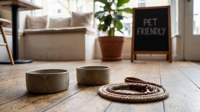 Cafe interior with a pet friendly sign, dog bowls, and a leash waiting on the wooden floor