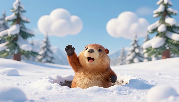 Happy Groundhog Day illustration, a cute groundhog looking out from Snow hole, 2 February,  Happy Groundhog Day banner, poster, header, created with generative ai