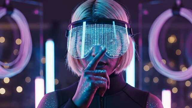 Woman wears futuristic LED visor with neon lights in cyberpunk style. Digital fashion with LED glasses and glitter. Woman in futuristic visor with neon. Cyberpunk model wears LED tech glasses.