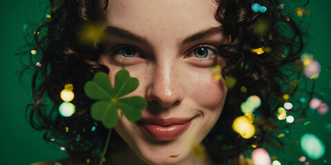 Smiling woman holding floating green shamrock with glittery confetti and rainbow sparkles on green background