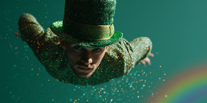 Man wearing glittery green hat with oversized shamrock levitating with rainbow sparkles on green background