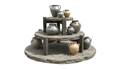 Ancient Pottery Display on Stone and Wood Structure
