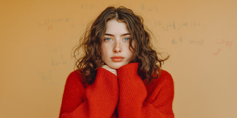 Teenage girl physics prodigy portrait with floating equations and light waves on pale peach background