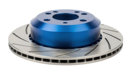 Blue and silver brake disc isolated PNG, high performance car part for automotive industry and vehicle maintenance on transparent background