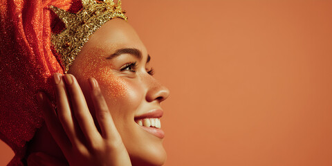 Smiling carnival performer adjusting glitter headpiece symbolizing joy on warm peach background